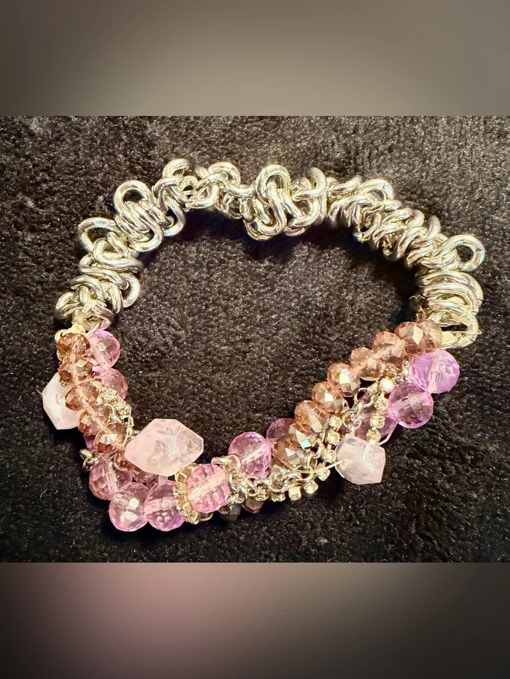 Artisan Pink Crystal Beaded Silver Tone Chainmail Statement Bracelet